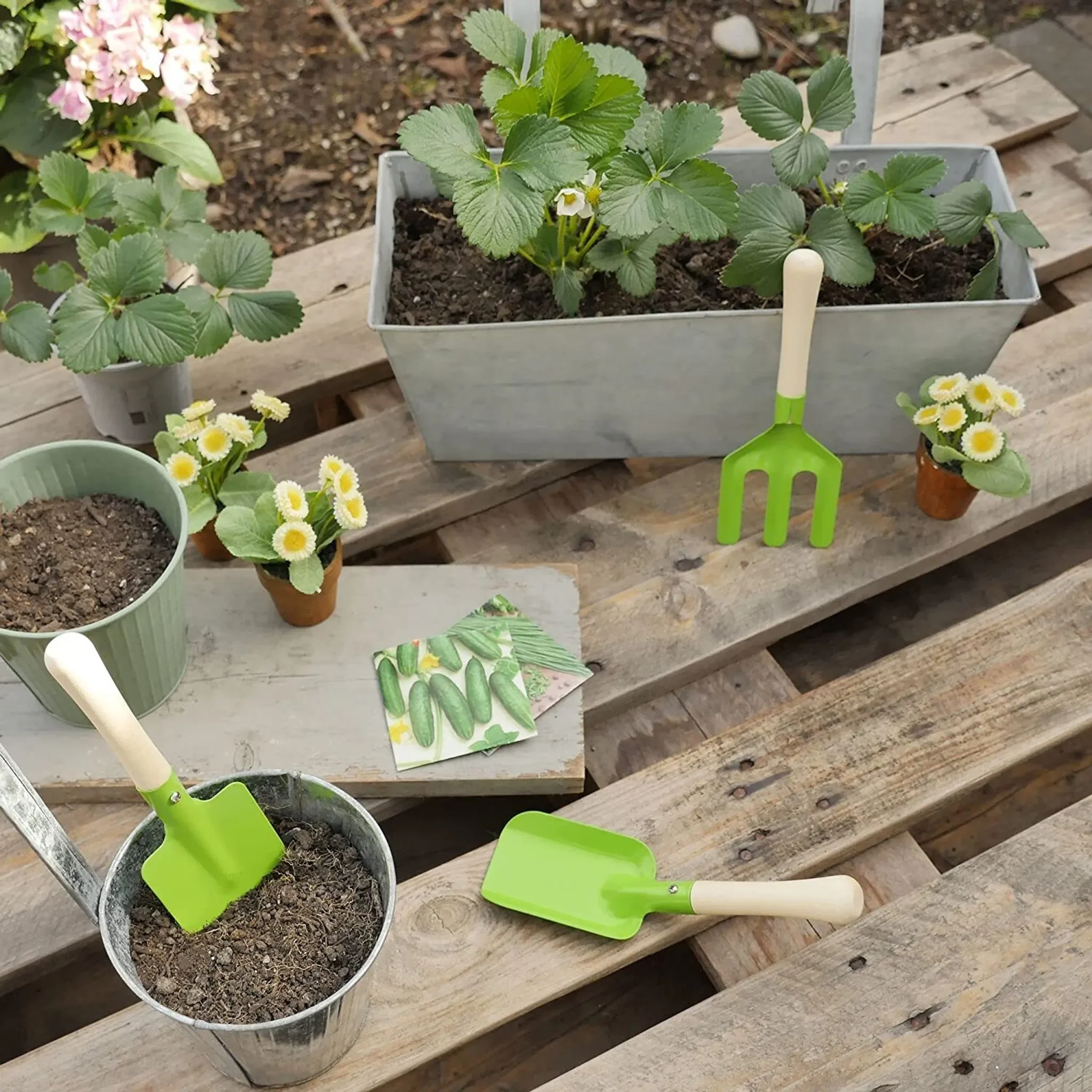 Kinder-Gartenwerkzeug 3er-Set – Schaufeln & Rechen, grün